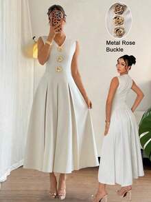 Vestido de línea A sin mangas con cuello en V, con decoración de botón metálico rosa dorado, cintura ceñida - Negro - Ver 8