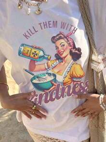 Women's Comfortable Loose-Fitting Everyday Tops, Satirical Housewife T-Shirts In Comfortable Colors, Vintage Women's T-Shirts With Funny Patterns, Satirical T-Shirts, Satirical Gift, Art Poster For Her, Suitable For Daily Leisure, Vacation, Playtime, Ideal As A Gift, Summer White. - 2 - View 2