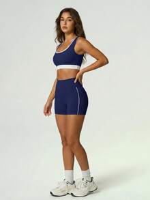 UONNOU 2 Peças Conjunto de Shorts Esportivos Modeladores Femininos, Roupa Esportiva Casual de Fitness para o Verão - Azul Royal - Visão 10