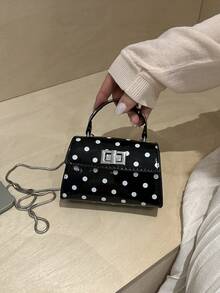 Mini sac à main et sac à bandoulière à rabat verrouillable de style mode minimaliste à motif pois, sac fourre-tout avec imprimé à pois et motif de rouge à lèvres de style français, mini sac de ville, de soirée, polyvalent - Noir - Voir 2