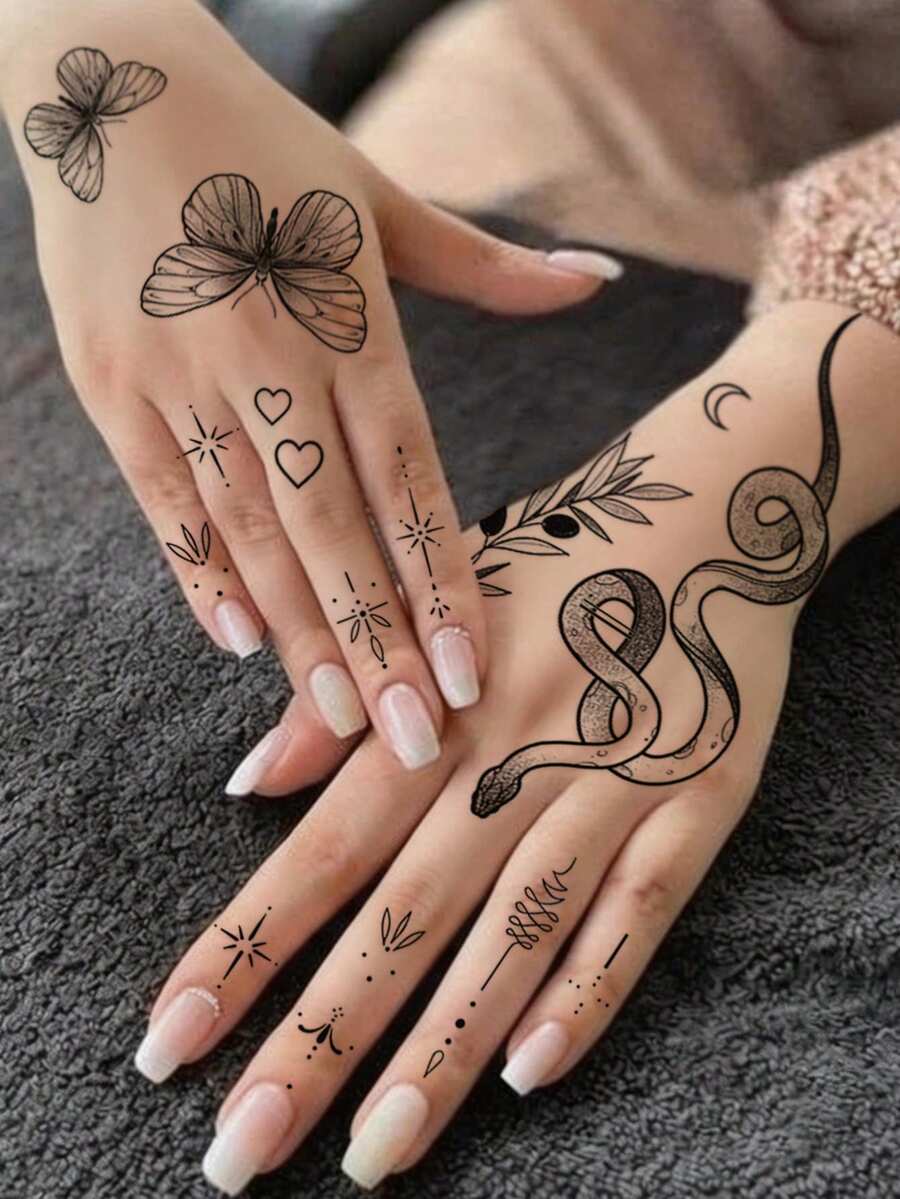 STARTTOOS 2pcs/Set Black Minimalist Fine Line Long Snake Leaf Floral Star Moon Pattern Y2K Temporary Tattoo Stickers, DIY Carnival Wrist Ankle Shoulder Neck Collarbone Body Skin Tattoo Decals - Black - View 1