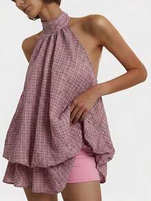 2026 Nuevo Vestido corto de verano para mujer con cuello halter, espalda descubierta y volantes con estampado de cuadros - Rosa - Ver 6