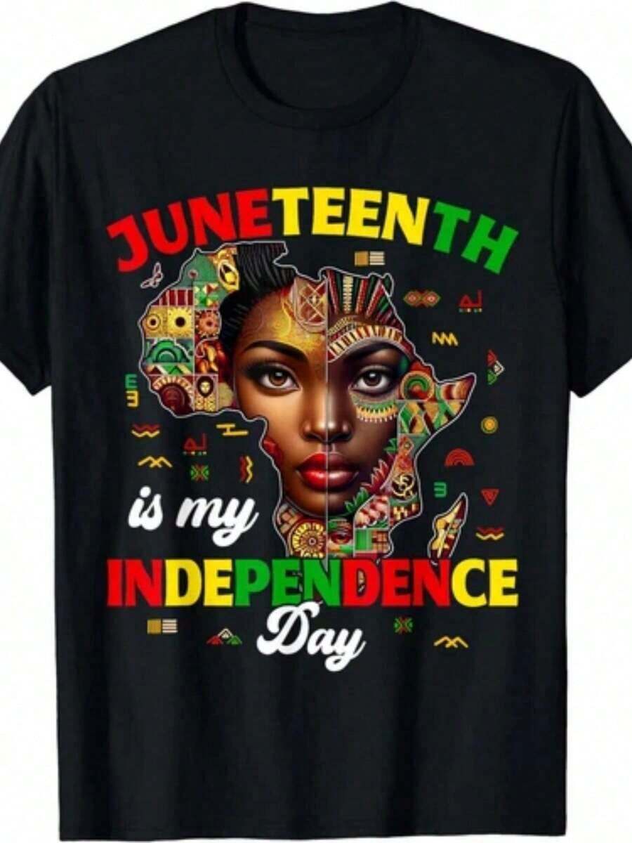 Plus Size Women's Short-Sleeved Casual T-Shirts, African Style Single Tee With The Phrase "Juneteenth Is My Independence Day", Everyday Casual Wear, Daily Activewear. | Comfortable Fit - 黑色 - 查看 1