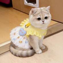 1件可爱猫咪公主裙，黄色波点蕾丝荷叶边蓬蓬裙，带牵引绳挂钩，透气夏季宠物服装，适合小型犬猫、幼猫幼犬日常穿着和拍照 - 黃色 - 查看 3