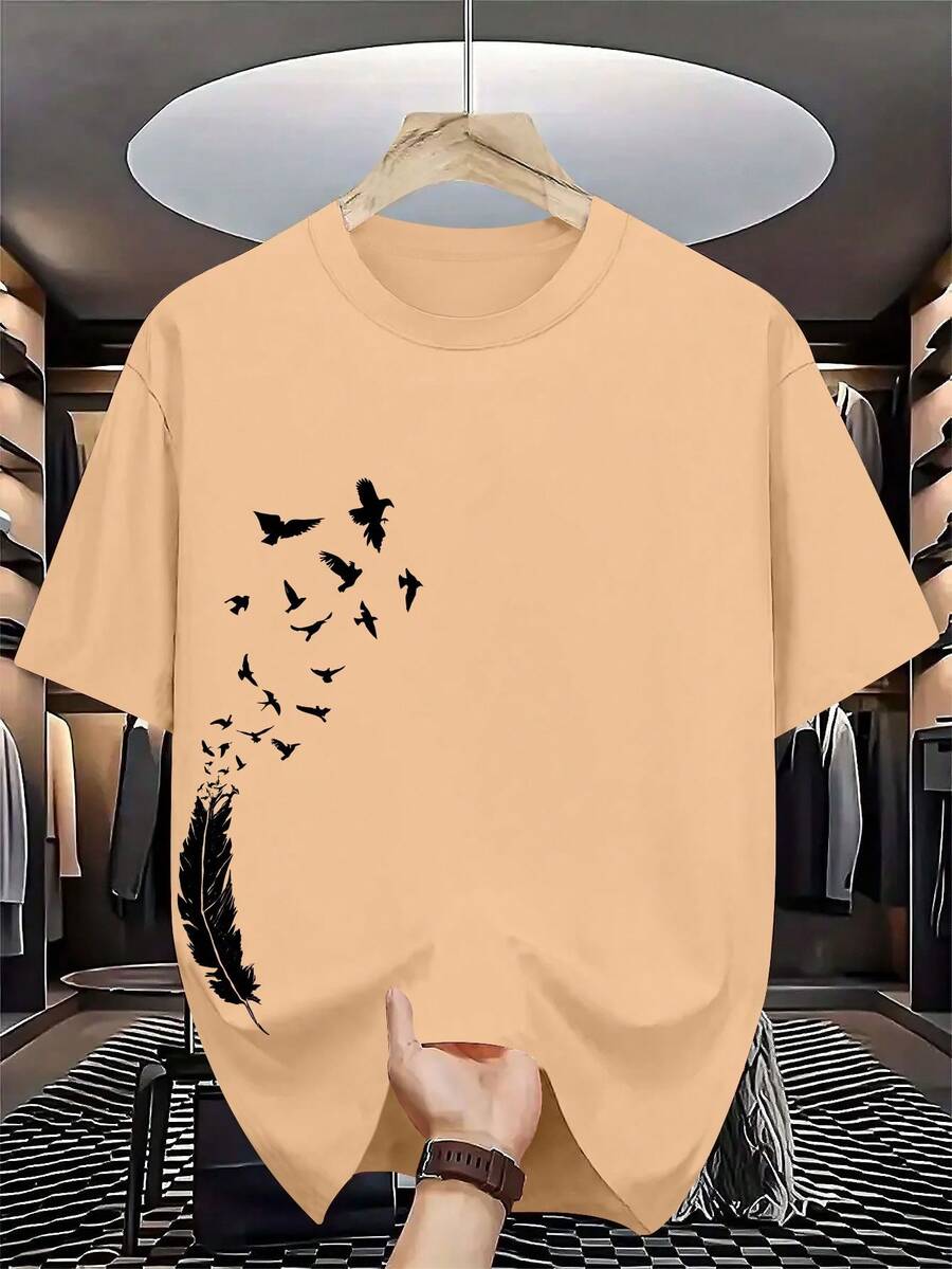 Men's Short Sleeve Crew Neck Summer T-Shirt - Casual And Sporty Layering Base Layer Shirt With Geometric Rose Print, Breathable For Warm Weather, Machine Washable, Casual Outdoor Wear Suitable For Casual Outfits And Layering - 卡其色 - 查看 1