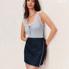 YijiaNvz  Minifalda de algodón de mezclilla oscura con dobladillo festoneado. Falda de verano simple y linda. - Azul lavado oscuro - Ver 1
