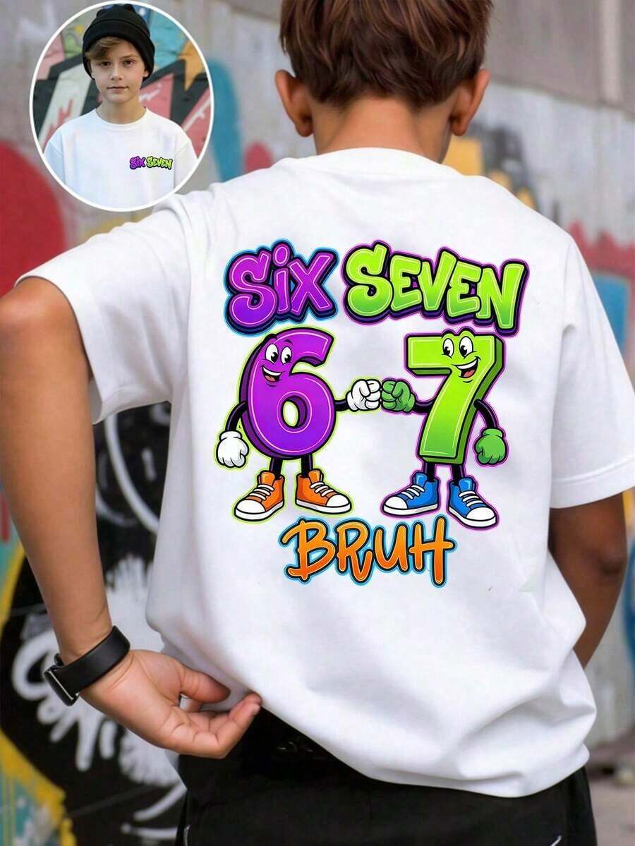 Basic Short-Sleeved T-Shirt For Pre-Teen Boys, Featuring A Cartoon-Style Slogan Graphic Print With The Number 67, In A Minimalist And Refreshing Style, Suitable For Casual Spring, Summer And Autumn Outfits - 白色 - 查看 1