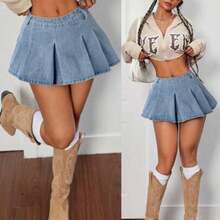 guangzhougaolangshangmao  PETITE Minifalda de mezclilla para mujer, falda plisada de tiro ultra bajo sexy, falda de mujer para Acción de Gracias, falda de Navidad, falda de jeans Y2K, falda vaquera vintage, falda de jeans de tiro bajo - Lavado ligero - Ver 1