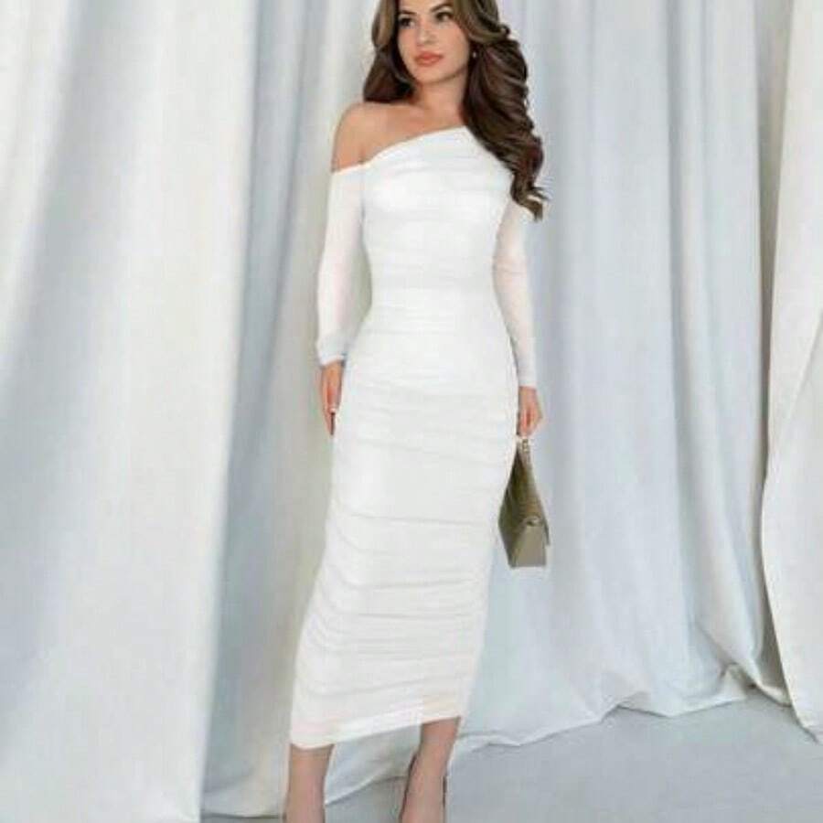 Vestido elegante y ceñido de manga larga y longitud media, con diseño de pliegues en malla, para usar en citas o fiestas, para mujer, otoñal - Blanco - Ver 1