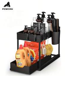 Powcan Organizador de fondo de fregadero de doble capa, caja de almacenamiento de gabinete de baño con ganchos + caja colgante, estantería multifuncional para cocina y baño, diseño extensible y antihumedad, material grueso de PP, 1 pieza en negro y blanco - Negro - Ver 2