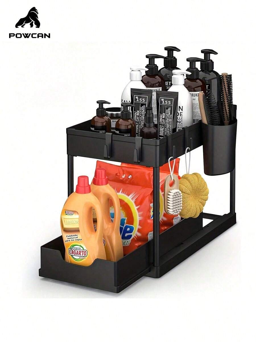 Powcan Organizador de fondo de fregadero de doble capa, caja de almacenamiento de gabinete de baño con ganchos + caja colgante, estantería multifuncional para cocina y baño, diseño extensible y antihumedad, material grueso de PP, 1 pieza en negro y blanco