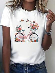 Camiseta de Manga Corta para Mujer con Estampado de Bicicleta, Cuello Redondo, Tops Gráficos para Mujer - Negro - Ver 5