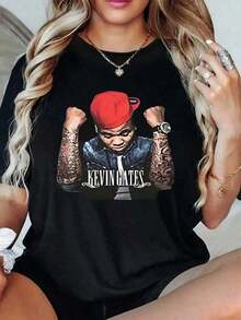 1 Piece Women's Casual T-Shirt 100% Cotton Kevin Gates, Hip Hop Style, Digital Print, Summer Tops, Loose Fit, Short Sleeve, 180g 100% Cotton - 黑色 - 查看 6
