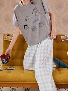 Gongdie Bộ đồ ngủ nữ Snoopy 2 món, chất liệu cotton mềm mại, họa tiết kẻ caro xám và xanh dương, thích hợp cho mùa xuân/hè, in hình nhân vật hoạt hình. - Xám - Xem 6