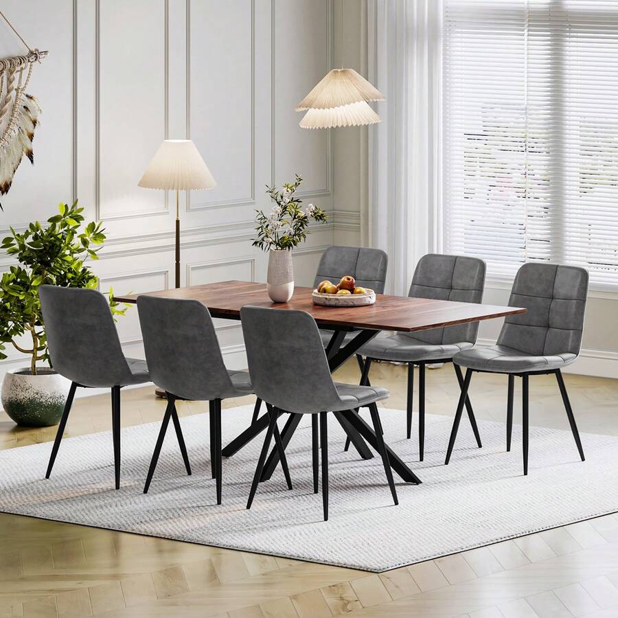 Luxstein Extendable Dining Table And Chairs Set Of 4, Concrete Effect Rectangular Table With Upholstered Linen Chairs For Dining Room, Kitchen - Meja makan motif kayu + kursi makan PU abu-abu - View 1