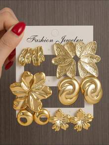 Set de 2/12 piezas de pendientes de metal dorado con elementos florales y geométricos de moda, set de pendientes elegantes para mujer, adecuado para uso diario y para ir al trabajo - Dorado - Ver 11