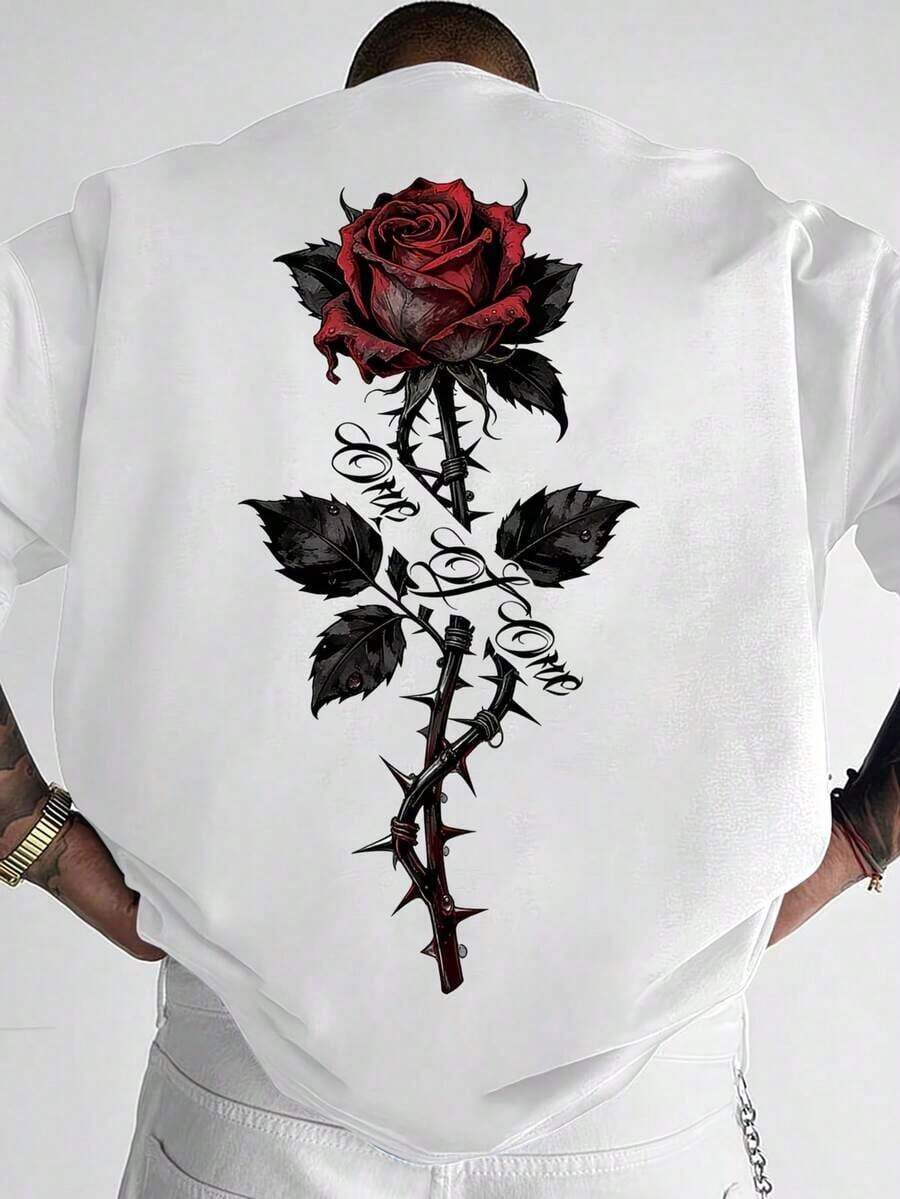 Camiseta de manga corta con estampado de rosa para hombre, estilo callejero gótico, adecuada para el verano, cómoda y transpirable, de moda vanguardista - Blanco - Ver 1