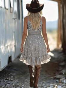 Western Cowgirl Dresses Women Smocked Spaghetti Strap Cami Dress Y2K Vintage Streetwear Country Concert Outfits/Vacation - 灰色 - 查看 4