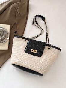 New Straw Shoulder Bag With Chain Strap Tote Bag, European And American Versatile Beach Bucket Bag, Contrast Color Patchwork Rhombus Small Bag (Adjustable Chain Strap, Zipper Closure Small Bag) - Black - View 2