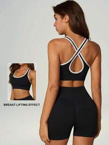 UONNOU Women's Contrast Trim Crisscross Back Sports Bra, Ultra-Soft Breathable Workout Crop Top Spring Summer - Black - View 2