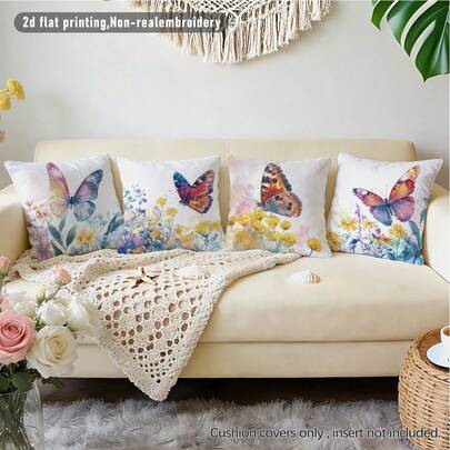 4pcs Watercolor Butterfly & Floral Printed Cushion Cover Set, Soft Peach Velvet Fabric, 45*45CM Pillow Case Suitable For Indoor Decor, Party, Gift
