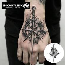 2张INKARTLINK指南针火焰剑图案临时纹身贴纸，防水人体彩绘纹身，持久1-2周，果汁纹身贴纸，男女通用，派对必备 - 黑色 - 查看 2