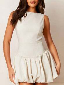 Vestido mini de mujer elegante de unicolor, sin mangas, con bajo globo de lino - Albaricoque - Ver 4