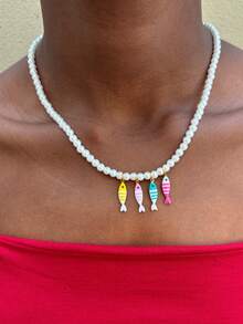 Summer Island Faux Pearl Beaded Necklace, Niche Design Vacation Style Colorful Small Fish And Seashell Pendant Necklace - Necklace - View 2
