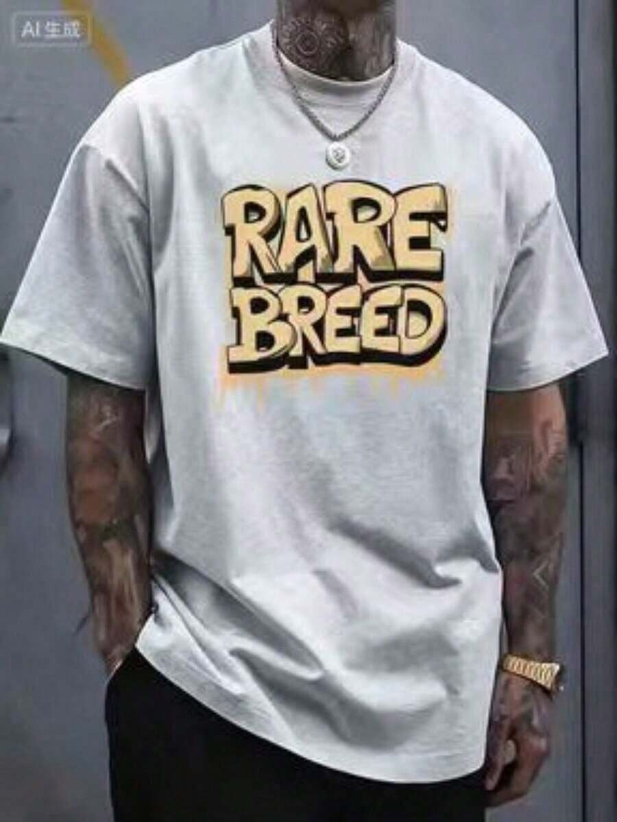 Men's Summer Round Neck Short Sleeved Casual Cotton T-Shirt With Interesting Letters, Comfortable Cotton, 100% Cotton, Suitable For All Seasons, Soft - 灰色 - 查看 1