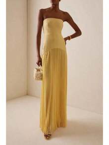 Summer Dresses For Women2026 New Fashion European And American Women Strapless Striped Pleated Dress Casual Summer Sleeveless Mini Dress Party Wear B - 2 Yellow - 查看 1