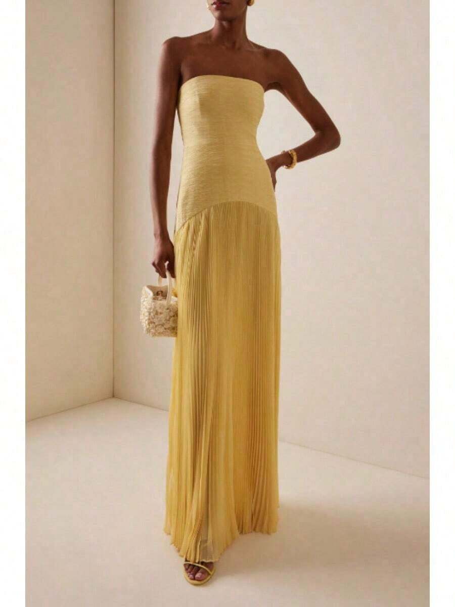 Summer Dresses For Women2026 New Fashion European And American Women Strapless Striped Pleated Dress Casual Summer Sleeveless Mini Dress Party Wear B - 2 Yellow - 查看 1