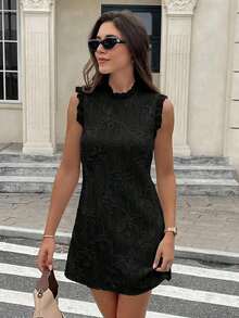 2026 Vestido camisero de unicolor albaricoque con textura y aplicaciones para mujer, elegante y de moda para el trabajo, atuendos festivos franceses, estilo sirena de oficina, vestidos de verano para mujer, vestidos para fiesta del té, festivales, fiestas, graduación, vacaciones, ropa bohemia femenina - Negro - Ver 3