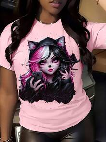 Women's T-Shirt With Anime Cat Ears Print - Short Sleeve, Round Neck, Japanese Sleeve Print, Soft And Stretchy, For Summer And Spring, Ideal For Conventions, Theme Events And Casual Wear - 粉色 - 查看 6