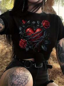 Camiseta de Estilo Gótico con Rosas para Mujer - Camiseta Básica de Manga Corta con Estampado de Rosas en Forma de Corazón, en Negro y Rojo, Ideal para Uso Diario o Disfraz de Halloween, Regalo para Mujer, Lavable a Máquina, Tela de Elasticidad Media, Estilo Juvenil, Adecuada para Todas las Temporadas. Una Camiseta Hermosa y Divertida para Mujer - Imprescindible para Regalar, 100% Algodón. - Negro - Ver 8