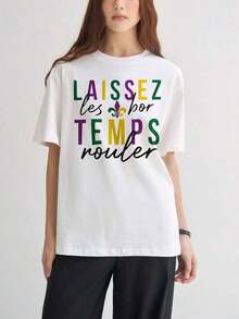 Women's Short-Sleeved T-Shirts With Interesting Prints, Beautiful Clothing. White T-Shirt With A "Laissez Les Bon Temps Rouler Gras Fleur De Lis" Print, Ideal For Casual Parties. Suitable For Spring, Summer, And Autumn. - 白色 - 查看 1