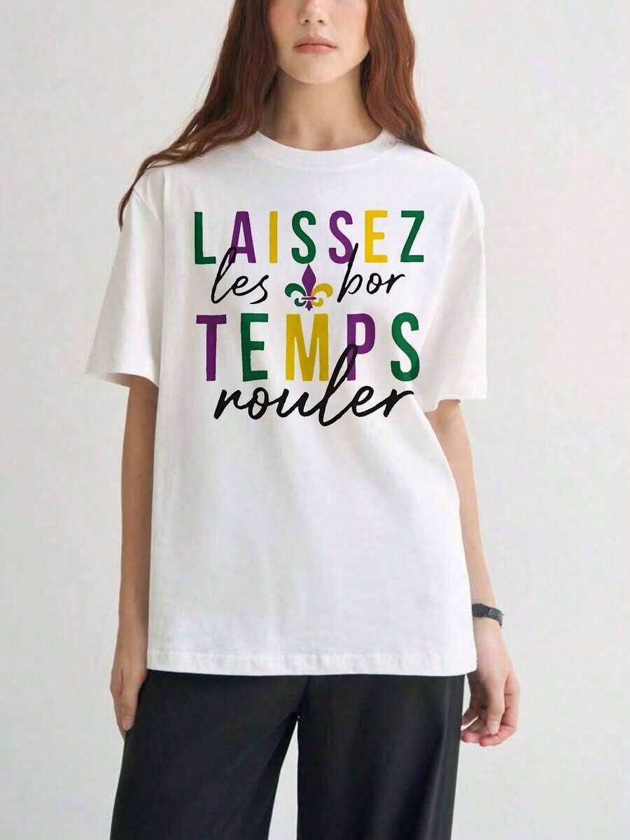Women's Short-Sleeved T-Shirts With Interesting Prints, Beautiful Clothing. White T-Shirt With A "Laissez Les Bon Temps Rouler Gras Fleur De Lis" Print, Ideal For Casual Parties. Suitable For Spring, Summer, And Autumn. - 白色 - 查看 1