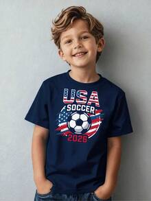 Kids' T-Shirt With 2026 American Football Design, Stars And Stripes, Casual Sportswear, Suitable For Children Ages 5-13 - 灰色 - 查看 1