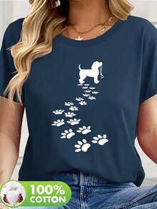 Camiseta Casual de Manga Corta para Mujer con Estampado de Silueta de Perro y Huella - Cuello Redondo en Rosa Suave, Ropa de Verano para Amantes de Mascotas, Lavable a Máquina, Ajuste Relajado, Tejido Transpirable - Negro - Ver 8