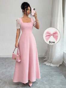 Vestido de manga corta con cuello cuadrado, decoración de lazo 3D y parches de malla - Celeste - Ver 6