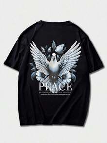 Men's Short Sleeve Crew Neck T-Shirt With Large Statue, Floral, And English Print | Exquisite Design | Summer Essential | Easy To Match - Hitam - View 8
