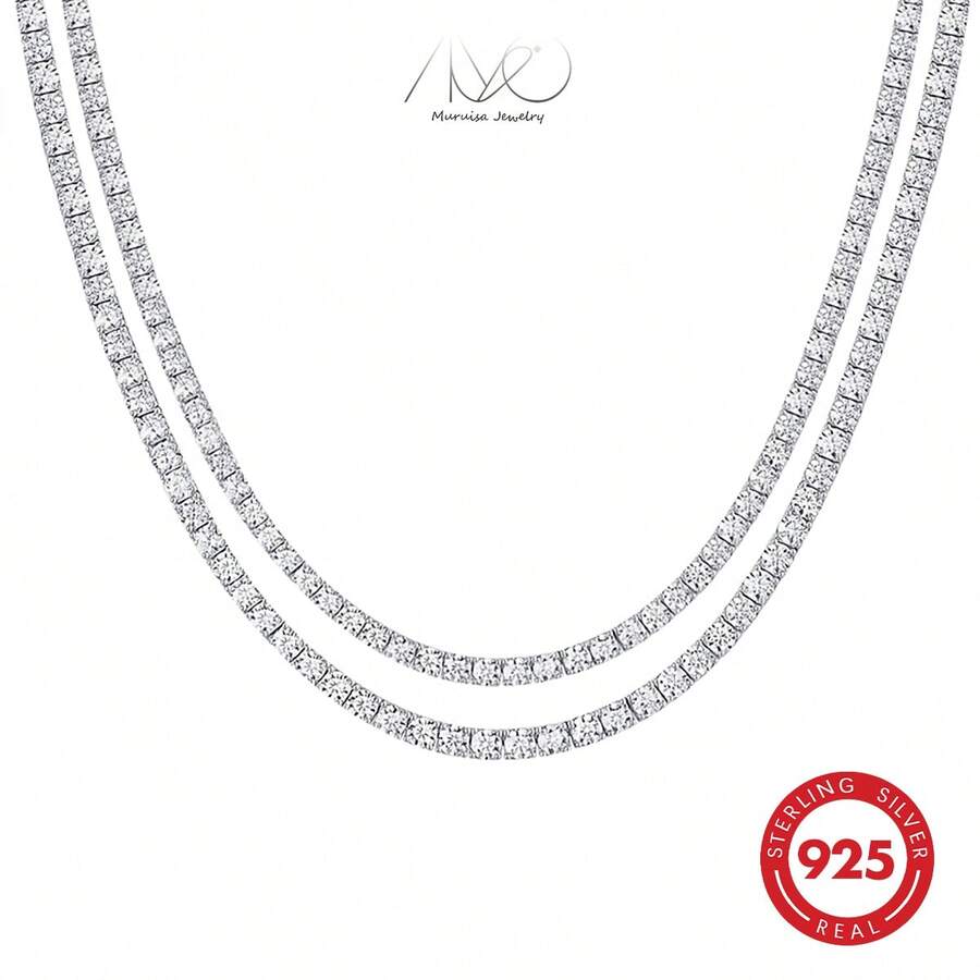 1 Peça Colar de Tênis de Zircônia de Prata Esterlina 925, Elegante e Adequado para Uso Diário, Festas, Casamentos. Ótimo Presente para Família, Amigos, Natal, Halloween, Dia dos Namorados, Aniversário - Prata - Visão 1