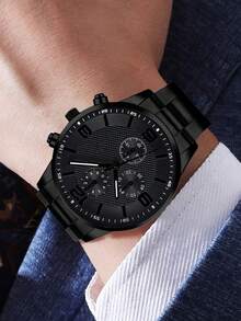 4pcs/Set Men's Casual Business Watch, Cross Pendant Necklace, Bracelet And Ring, Sports - Black - View 3