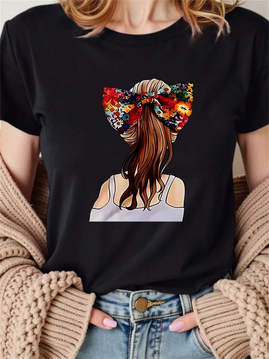 Adorable Espalda: un look con un moño floral | Producto destacado lindo. Ropa deportiva casual elegante y cómodara todas las estaciones, una camiseta de verano de manga corta y cuello redondo para mujer.