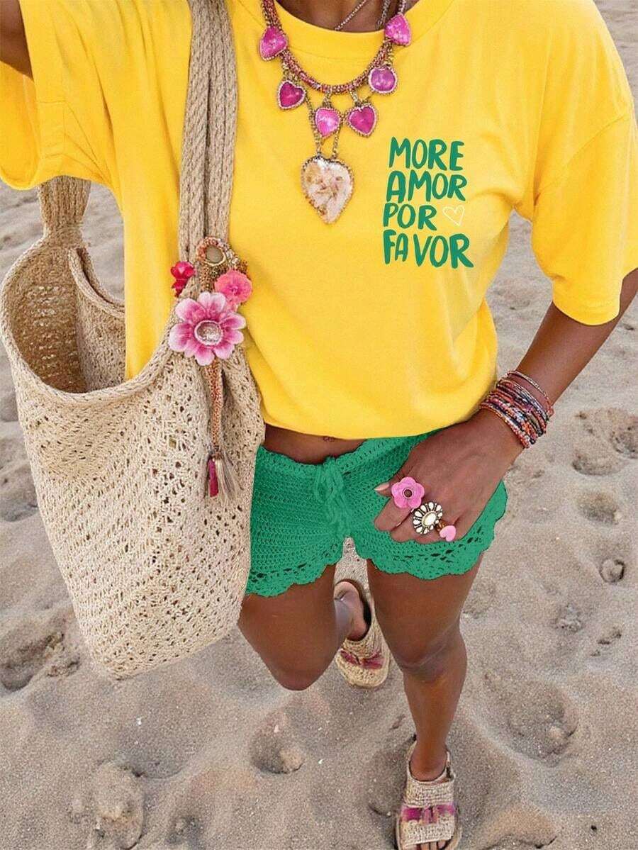 blusas para mujer, blusas casuales para dama, playeras de mujer, blusas casuales para dama Camiseta casual de manga corta con cuello redondo y estampado de calavera y lema para mujer, nueva ropa de mamá.Conjunto de coordinado de verano a juego para la familia, ropa de madre.Camiseta gráfica para bebé, camiseta gráfica para mujer, camiseta de maternidad, camiseta de mamá rockera, camiseta del Día de la Madre XEPI - Amarillo - Ver 1