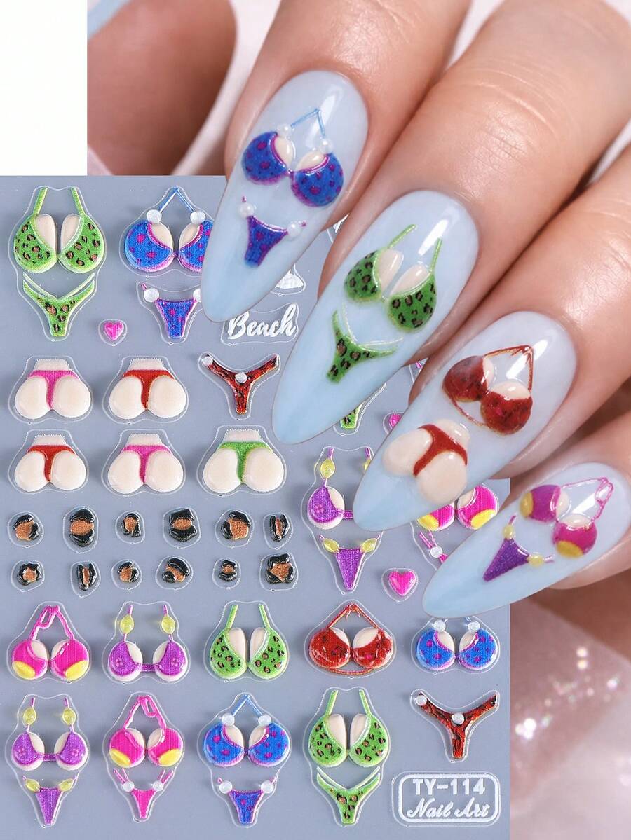 1 adesivo de unha 5D estilo biquíni - Adesivos fofos e coloridos com tema de maiô e praia, autoadesivos, para o verão, festas, decoração de manicure DIY, perfeitos para unhas postiças e acrílicas, suprimentos para unhas, acessórios para unhas. - Multicolorido - Ver 1