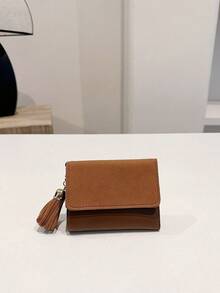 Cartera de mujer de satén mate corta con parches y colgante con borla, billetera plegable con múltiples ranuras para tarjetas - Marrón - Ver 3