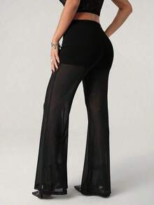 ICON Pantalones acampanados de talle bajo con encaje, de uso elegante y de moda para mujer, inspirados en el estilo y Y2K - Negro 4 - Ver 2