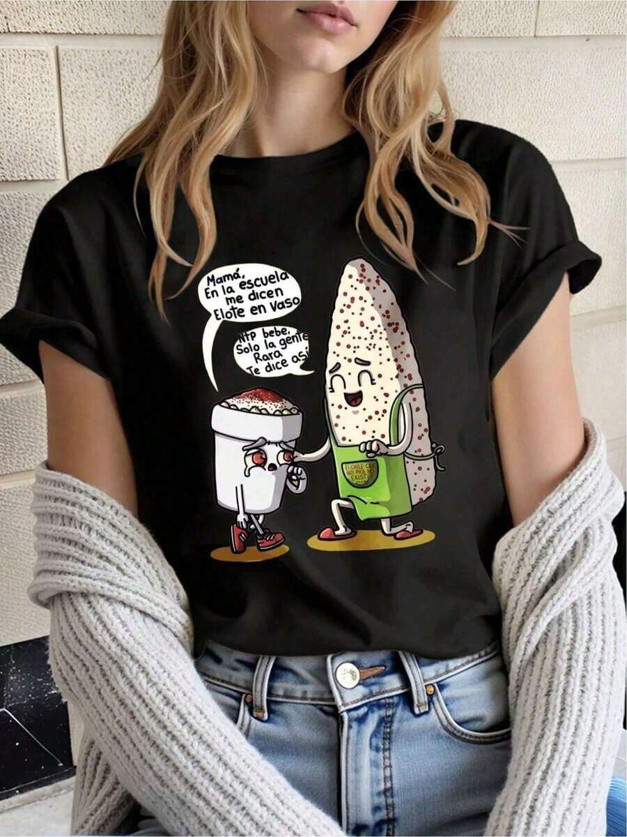 Camiseta Y2K con divertido diseño de elote y vaso de leche perfecta para los amantes de la cultura mexicana, ideal para expresar tu estilo único y moderno, cómoda y perfecta para cualquier ocasión, ¡hazla tuya y destaca entre la multitud! L579 - Negro - Ver 1