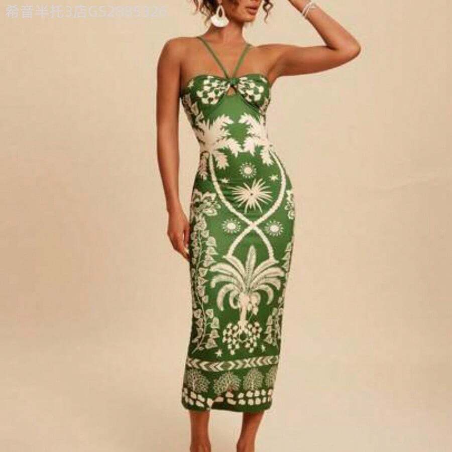 Yunuo Menswear Vestido ajustado sin espalda con estampado tropical casual de vacaciones, conjunto de verano para mujer, atuendo de playa para mujer, vestimenta occidental para mujer, atuendo de concierto para mujer, bohemio, vacaciones tropicales, vestidos bohemios para mujer, vestidos tropicales para mujer, vestidos para mujer, nuevos llegados de vestidos de vacaciones para mujer, atuendos de vacaciones para mujer - Verde - Ver 1