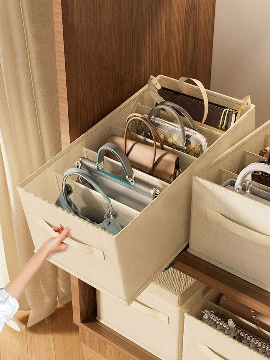 1 hộp sắp xếp túi xách trong tủ quần áo, hộp vải chia ngăn đựng đồ trong tủ, vách ngăn túi xách dung tích lớn có tay cầm, hộp đựng túi xách gấp gọn tiện dụng cho phòng ngủ. - Màu be - Xem 1